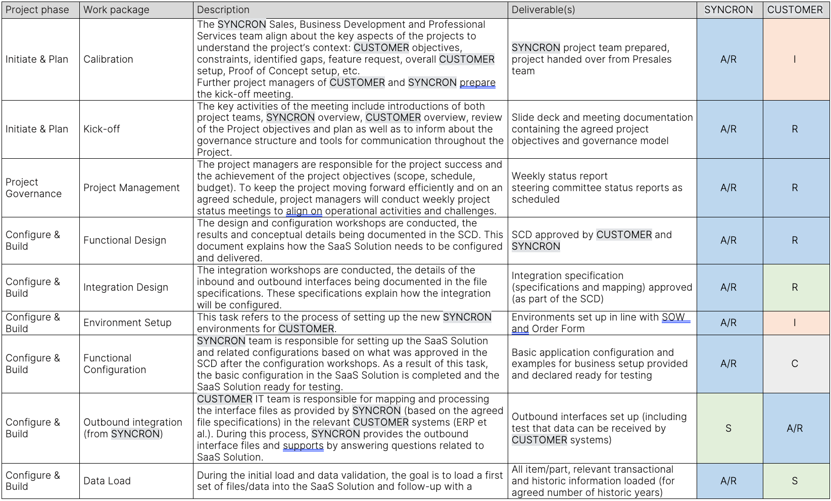 Implementation roles and responsibilities (RASIC) 
