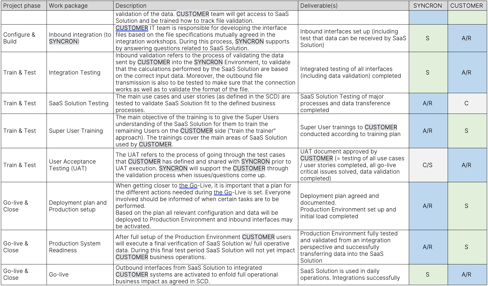 Implementation roles and responsibilities (RASIC) 